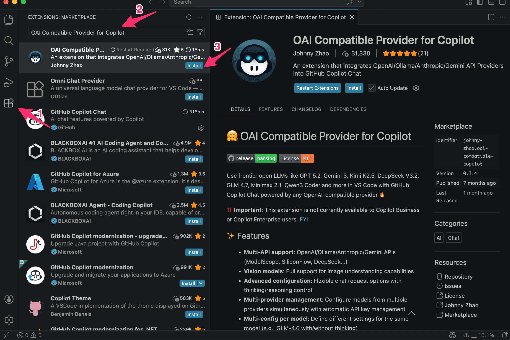 OAI Compatible Provider for Copilot 拡張機能をインストール