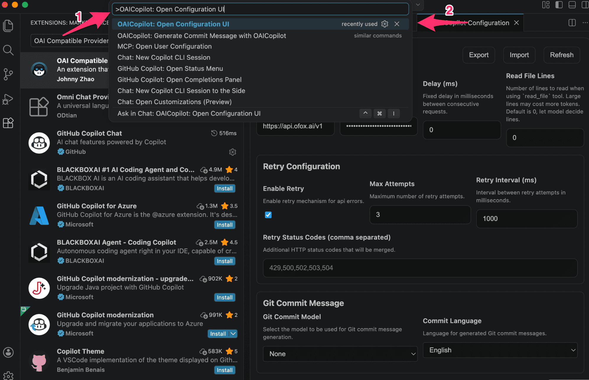 コマンドパレットから設定 UI を開く