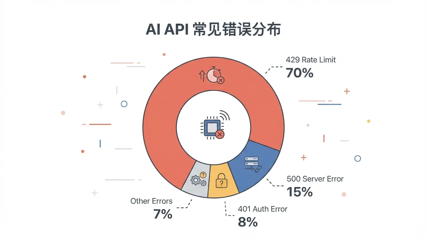AI API 常见错误类型分布图：429限流占70%、500系列15%、认证问题8%、参数错误7%