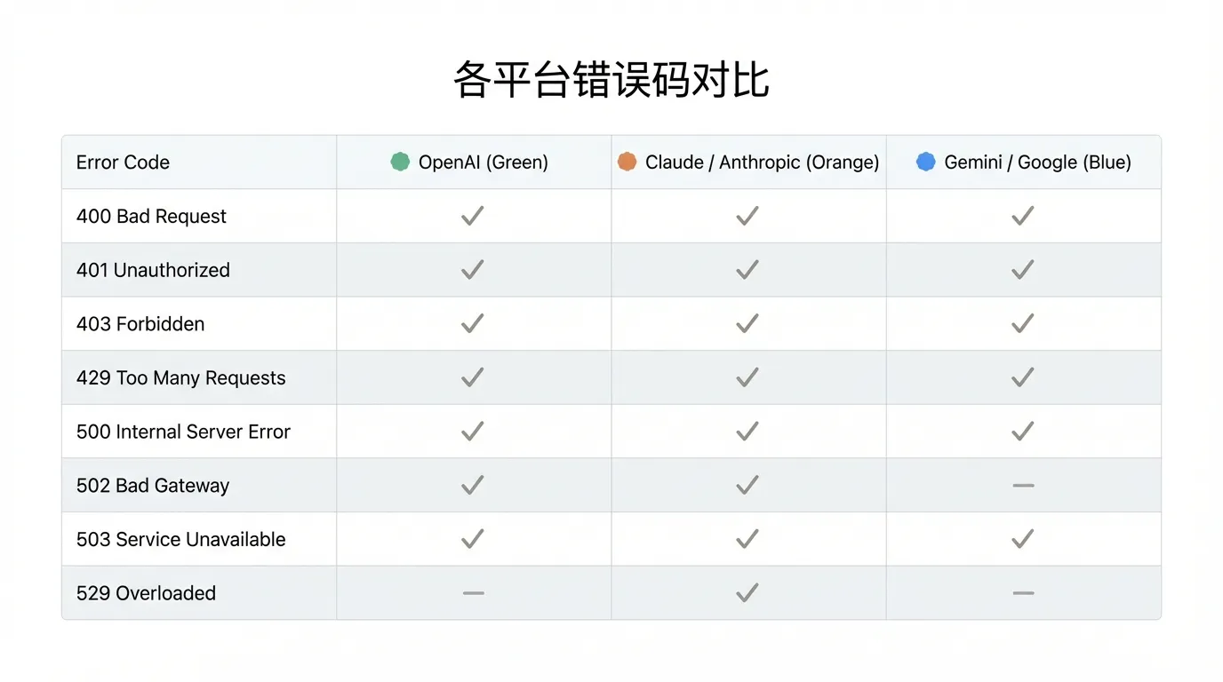 OpenAI、Claude、Gemini三大平台API错误码对比表