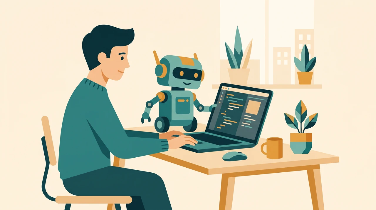 Flat vector illustration of a compact robot assistant working alongside a developer at a laptop, teal and amber accents on cream background