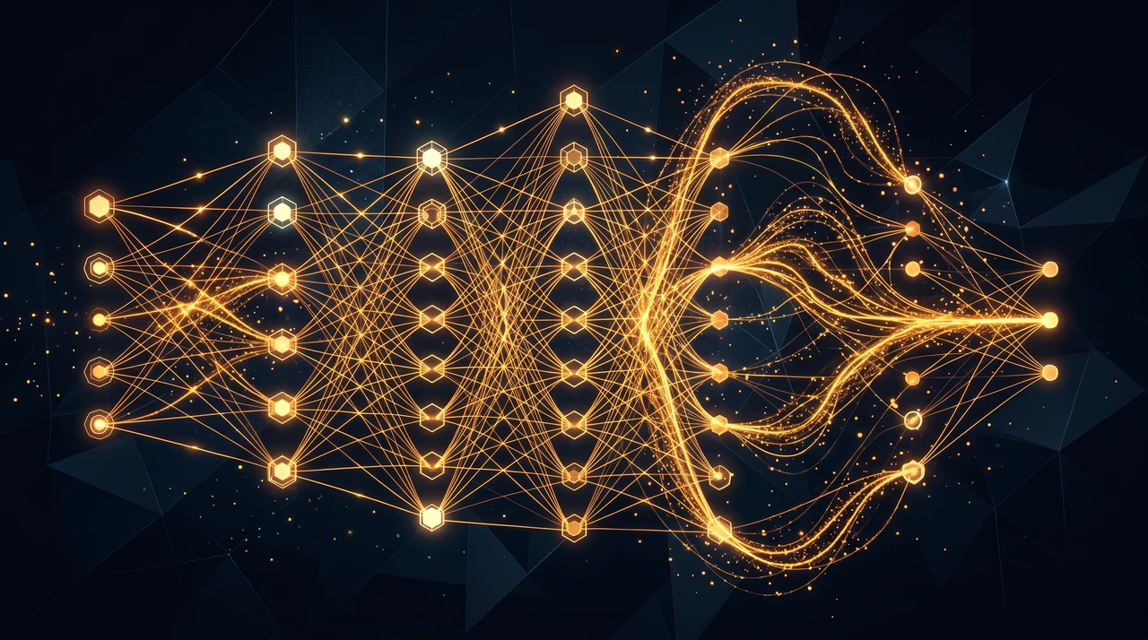 Abstract geometric neural network with amber reasoning chains and interconnected nodes on dark background