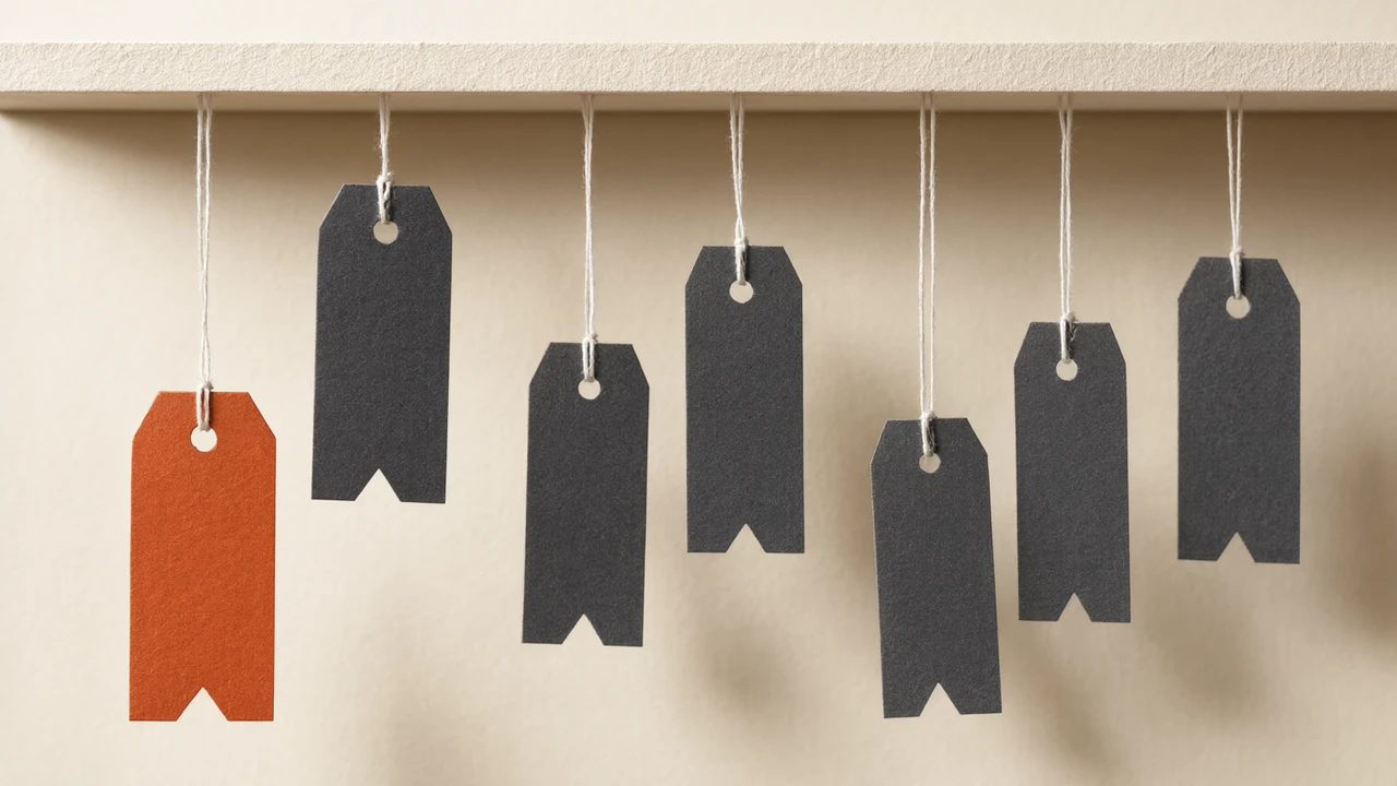 Layered paper-craft diorama in cream and charcoal grey with one orange accent, showing a row of identical price tags hanging at wildly different heights from a single shelf, with one tag far lower than the rest