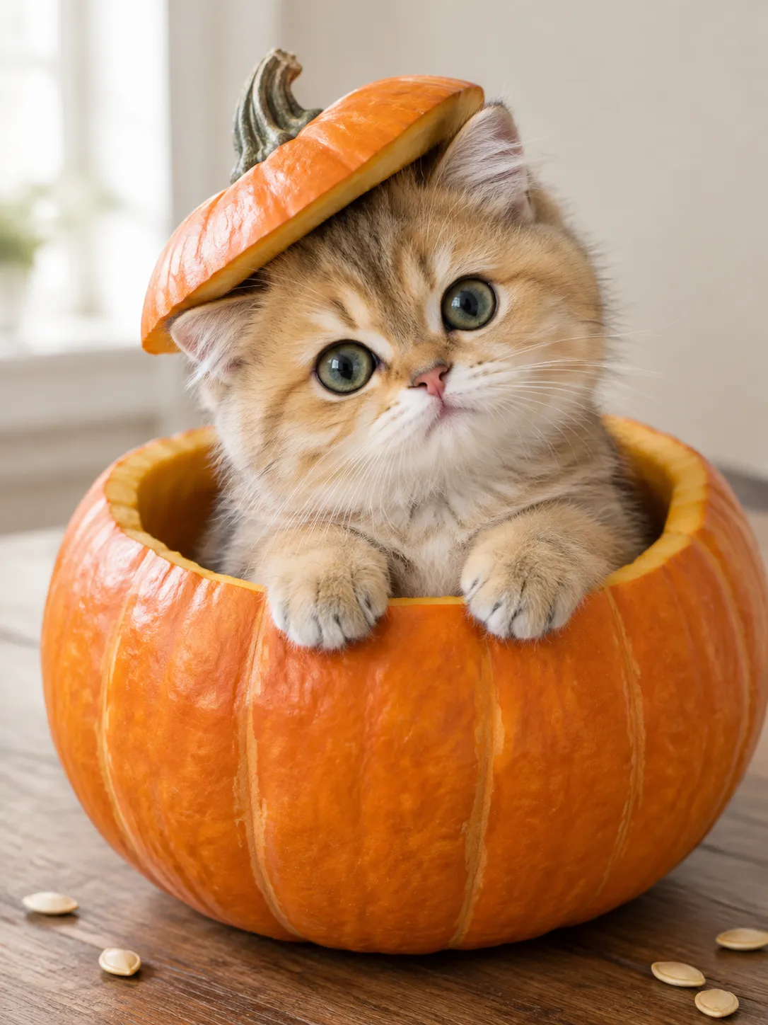 AI-generated pumpkin-hat kitten example made in Ofox from the original Chinese prompt.
