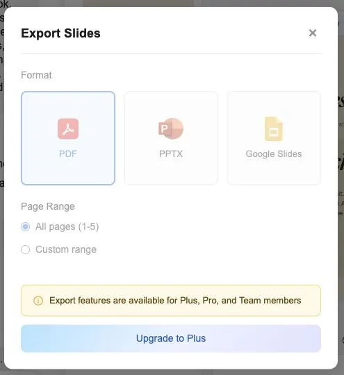 Janela de exportação do Genspark mostrando PDF, PPTX e Google Slides com exigência de upgrade.