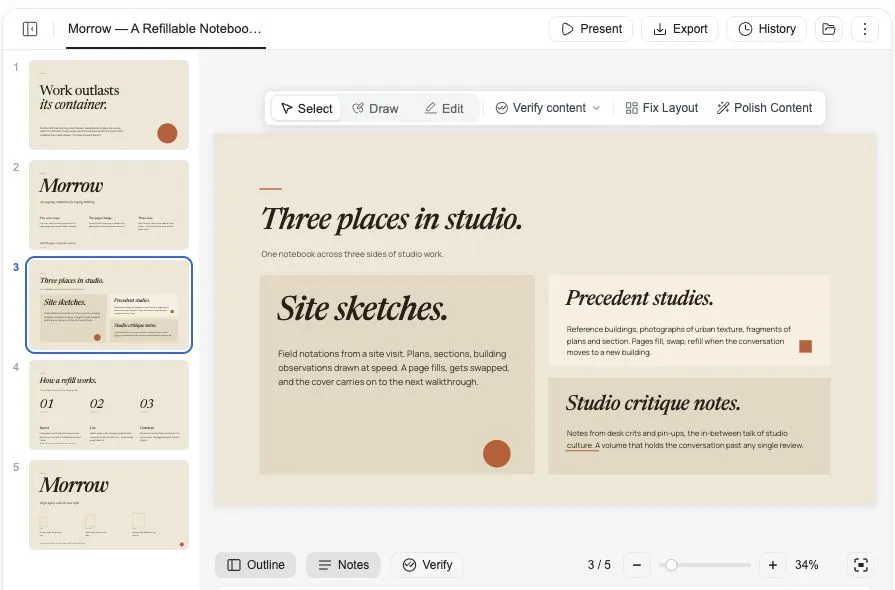 Genspark mostrando o slide de casos de uso revisado para estudantes de arquitetura dentro de uma apresentação de cinco slides.