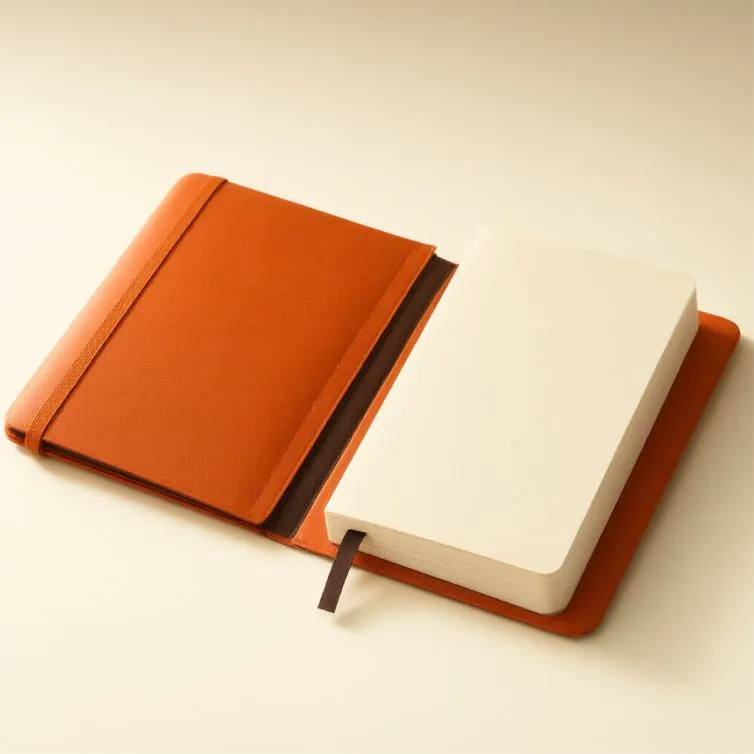 Conceito de caderno laranja gerado na Ofox sobre um fundo creme.