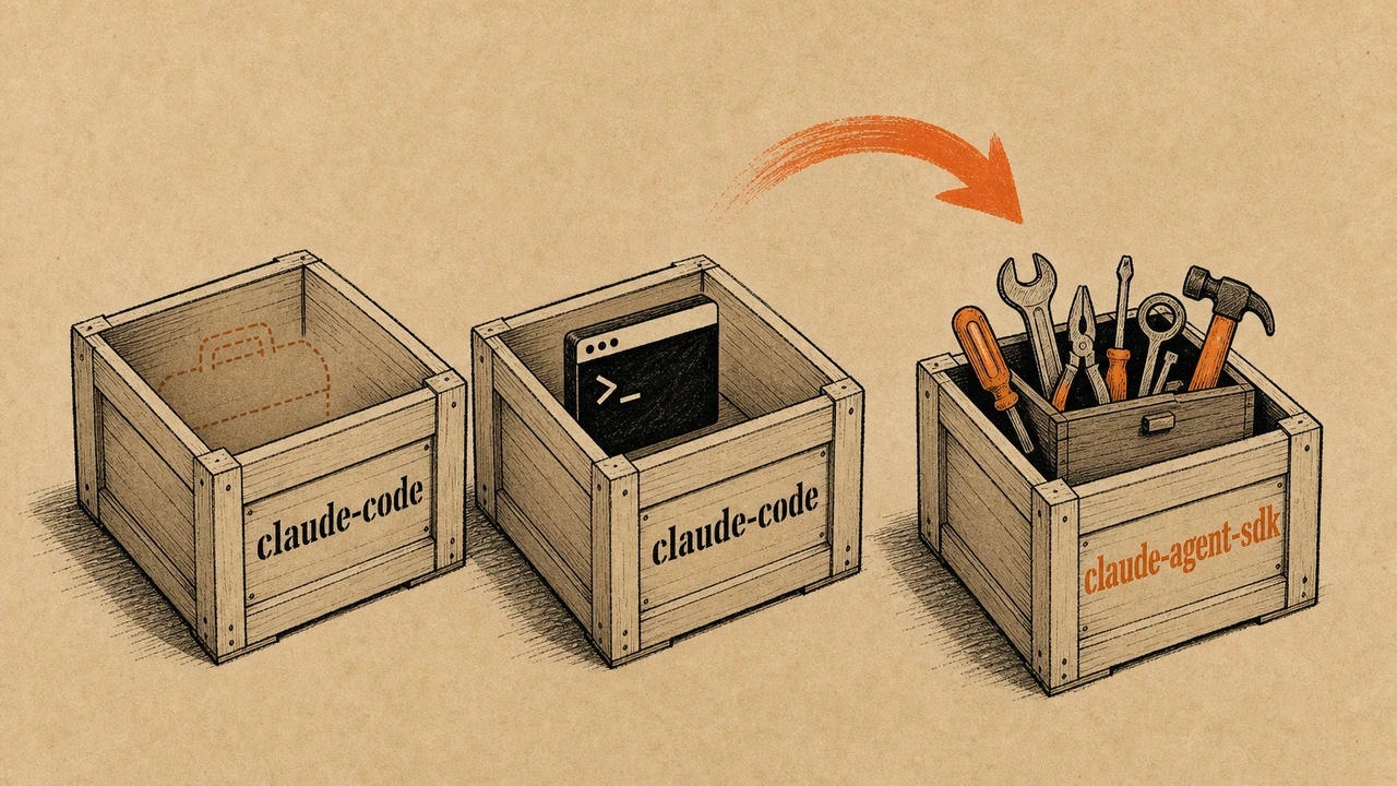 Two shipping crates stamped with the same claude-code label, one holding a CLI tool and one empty where the SDK used to be, illustrating the package rename collision.