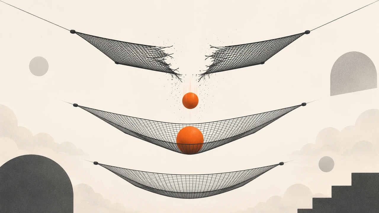 Three stacked safety nets with a torn top tier and an orange request caught in the middle net, illustrating three-tier model failover