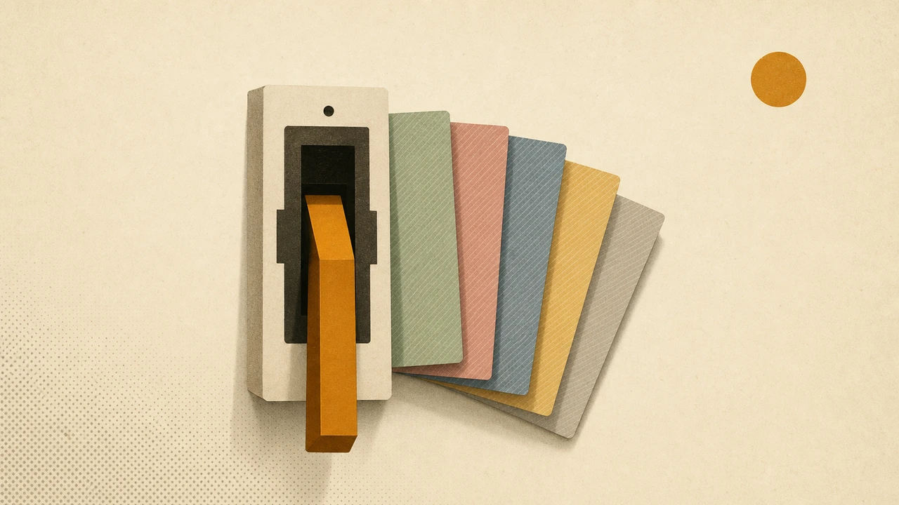 A safety-orange CLI prompt floating above five greyed-out layer cards labeled CLAUDE.md, plugins, skills, hooks, MCP — editorial illustration in Christoph Niemann style.