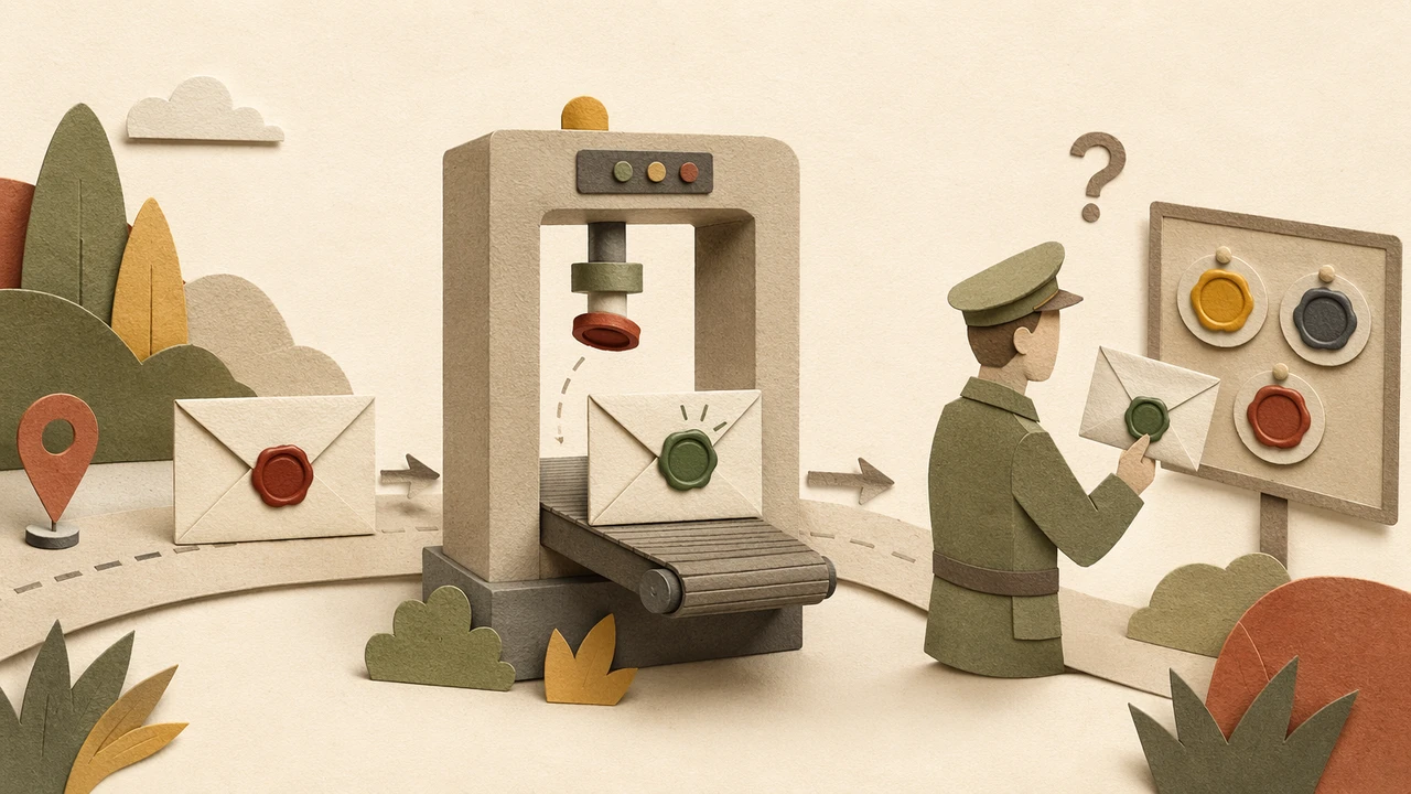 A sealed envelope passing through a scanning gate that stamps it with a new wax seal, while a guard checks the seal against a ring of trusted seals and finds it missing, cut-paper editorial illustration