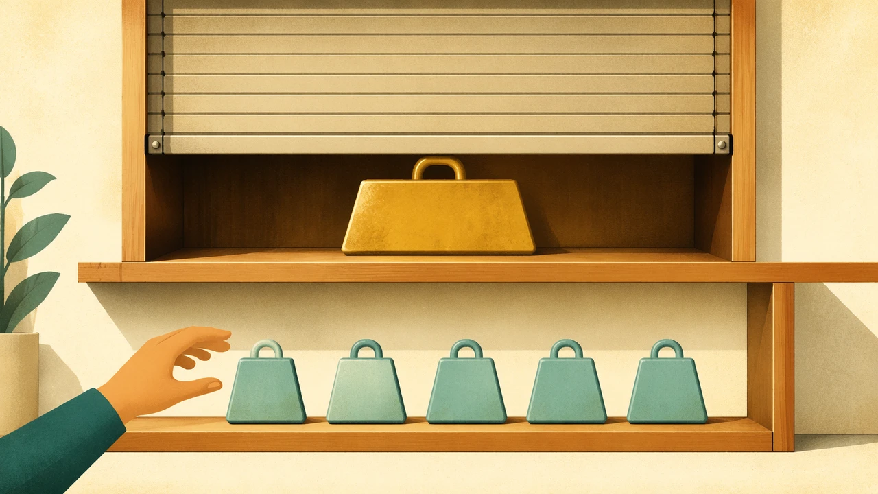 A two-tier shelf: the high shelf holds a single heavy gold weight labeled Fable 5 behind a roll-up gate, the low shelf a row of light teal weights labeled Sonnet 5 always in reach, on a warm cream background