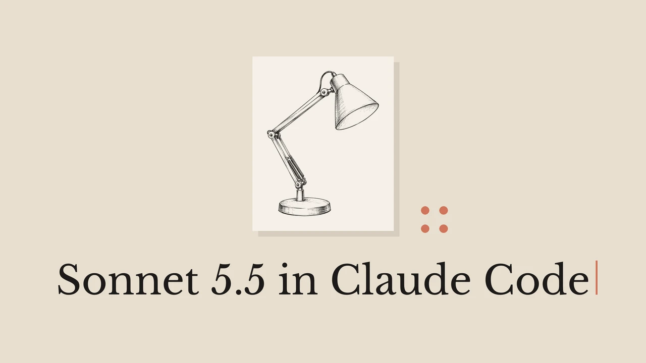 台灯的艺术线稿，配有 Sonnet 5.5 in Claude Code 标题。