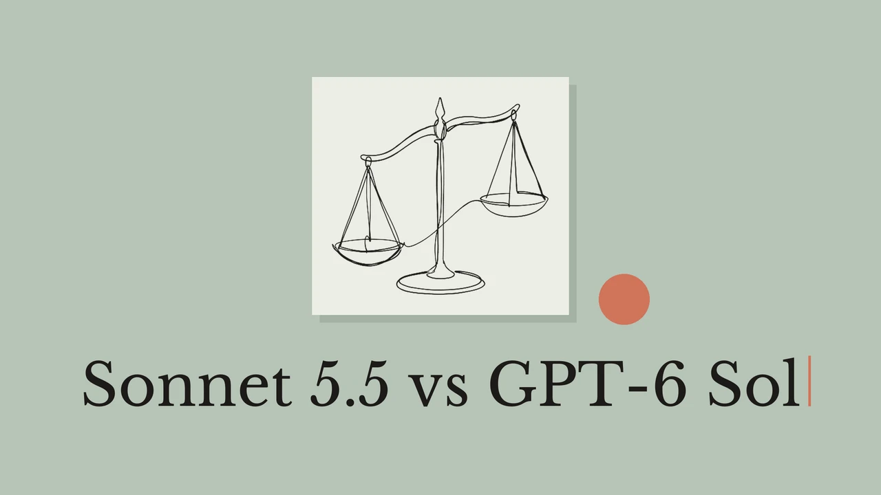 天秤の線画と「Sonnet 5.5 vs GPT-6 Sol」のタイトル。