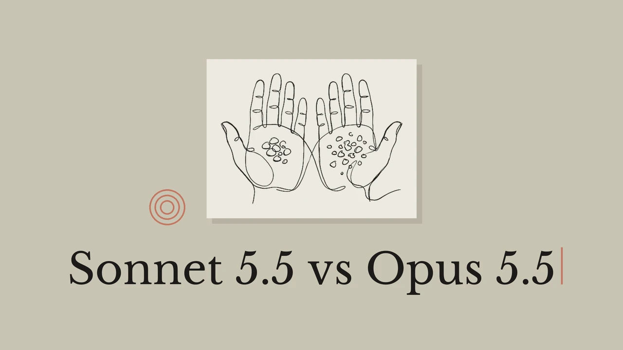 Art-line illustration of hands with the title Sonnet 5.5 vs Opus 5.5.