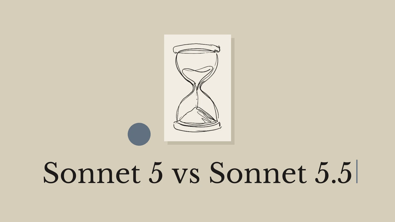沙漏的艺术线稿，配有 Sonnet 5 vs Sonnet 5.5 标题。