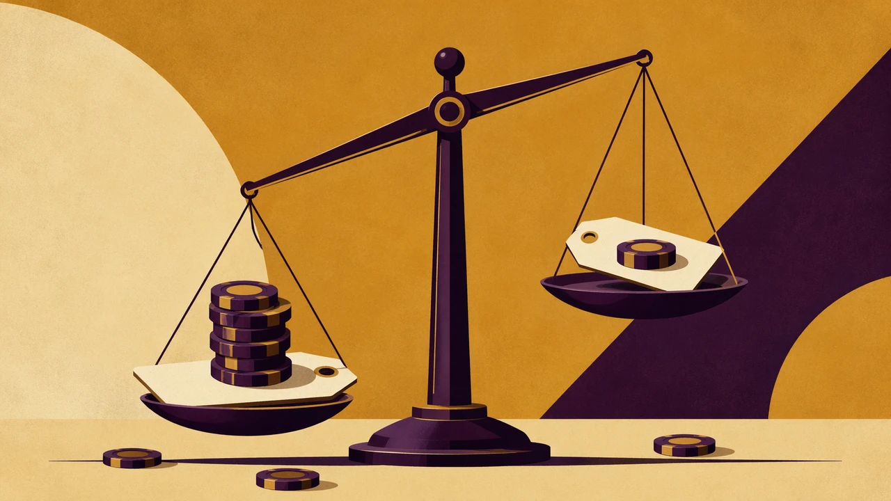 A two-pan balance scale where the lighter price-tag side is dragged down by a pile of extra round token chips, set against a warm cream background