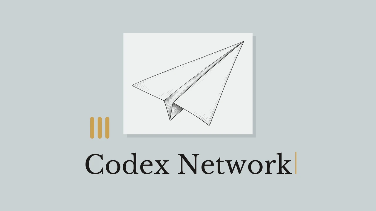 蓝灰色背景和浅色卡纸上的纸飞机黑色线稿，搭配几何装饰及 Codex Network 标题。