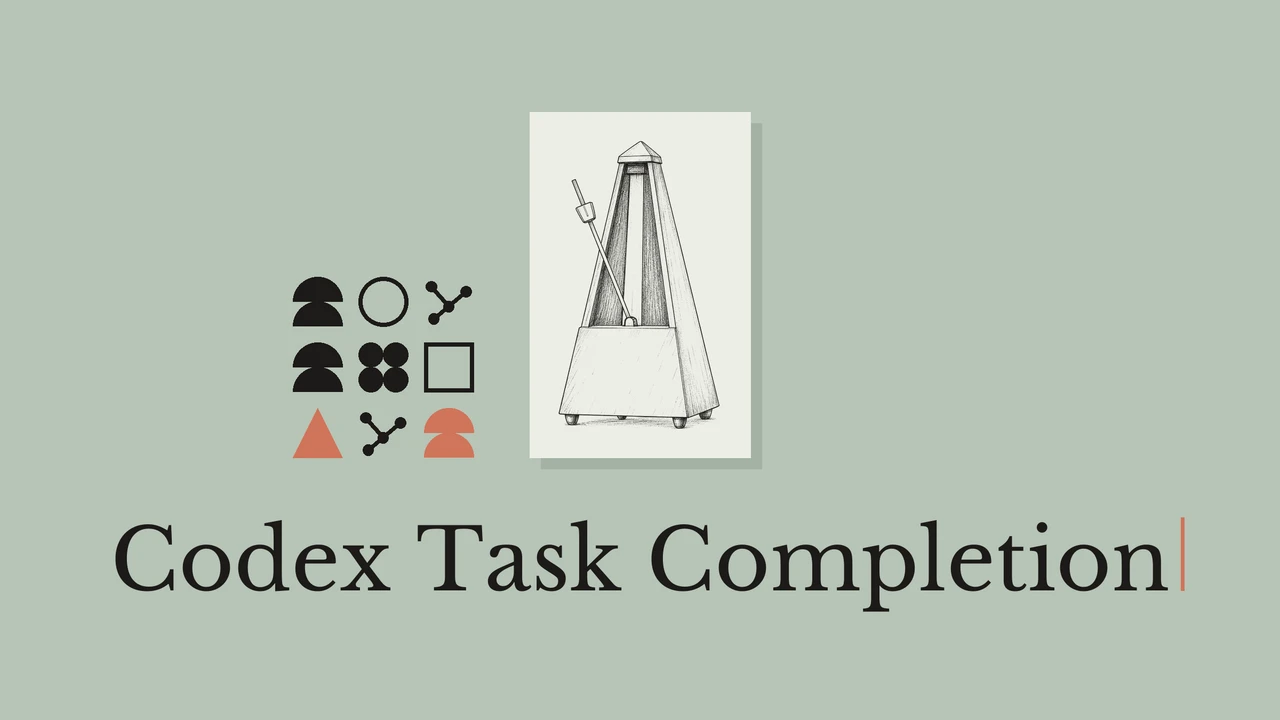 Black ink metronome on pale paper with the title Codex Task Completion.