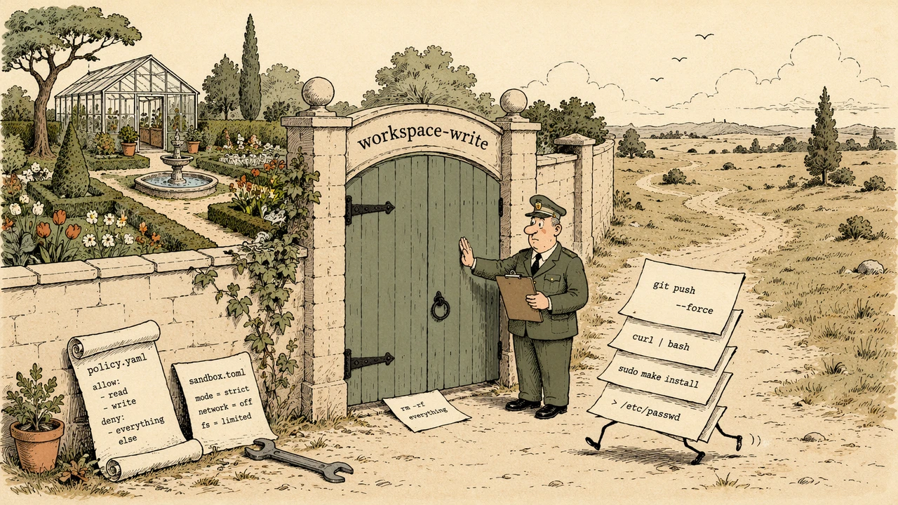 A walled garden gate labeled workspace-write, a small guard checking a permission slip, and a command file slipping under the gate, illustrating Codex sandbox and approval flow