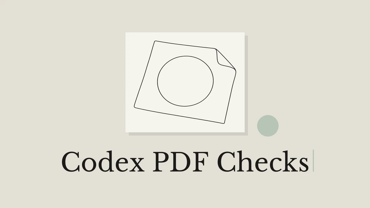 A stencil sheet line drawing on pale paper with an off-white background and the title Codex PDF Checks.
