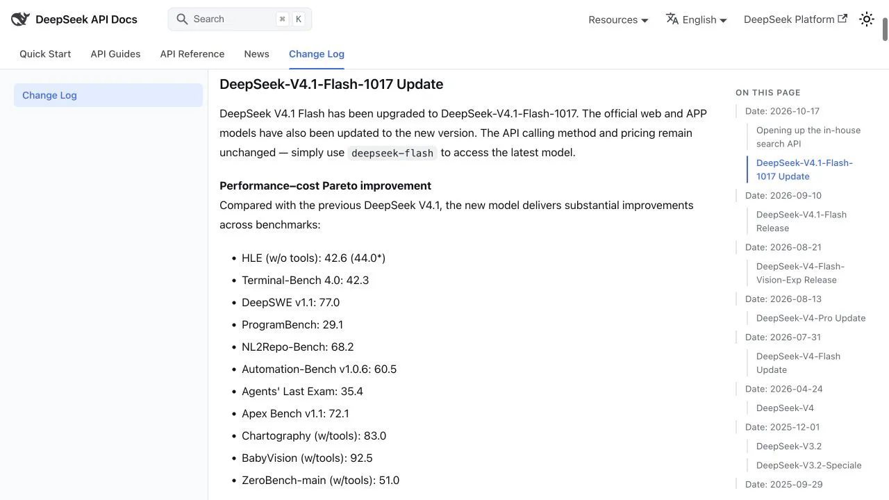 DeepSeek official change log showing the 1017 release and unchanged model pricing