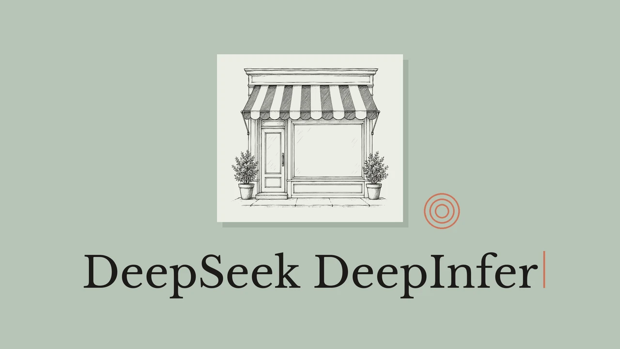 Desenho de uma fachada em tinta preta sobre um cartão claro, com fundo verde-sálvia, círculos coral e o título DeepSeek DeepInfer.