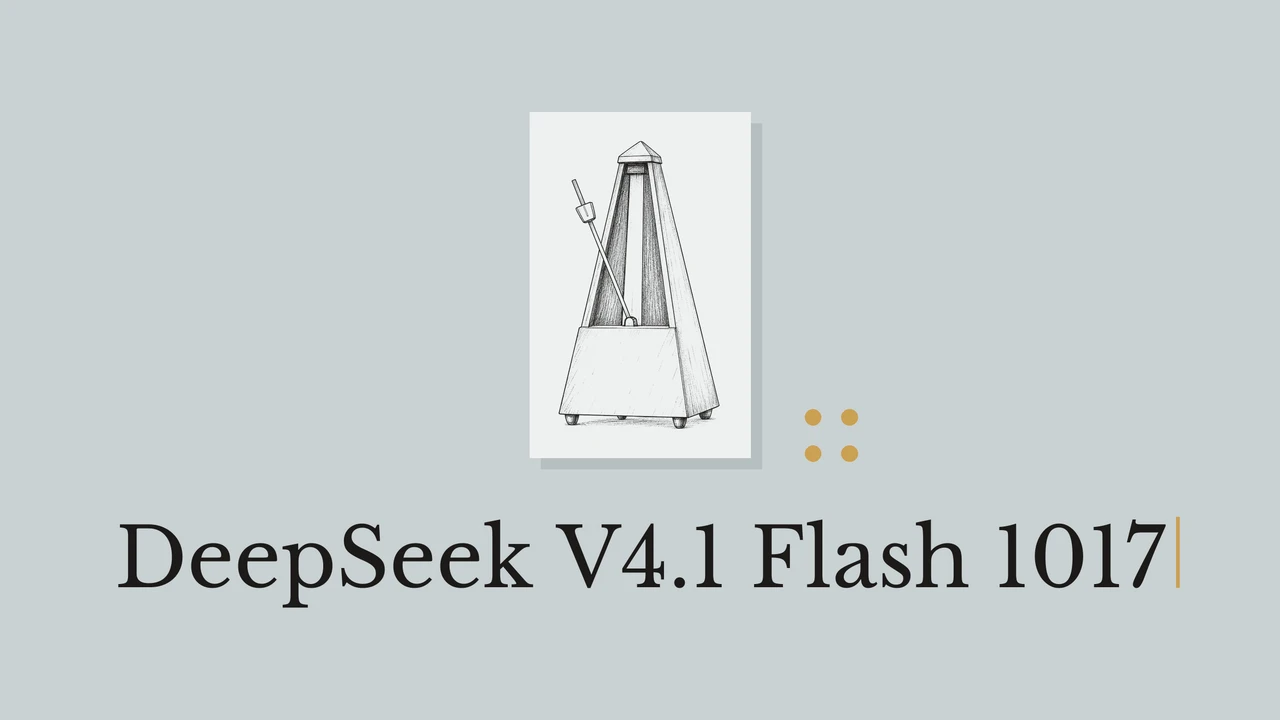 A black ink metronome on pale paper against a blue-gray background, with the title DeepSeek V4.1 Flash 1017.