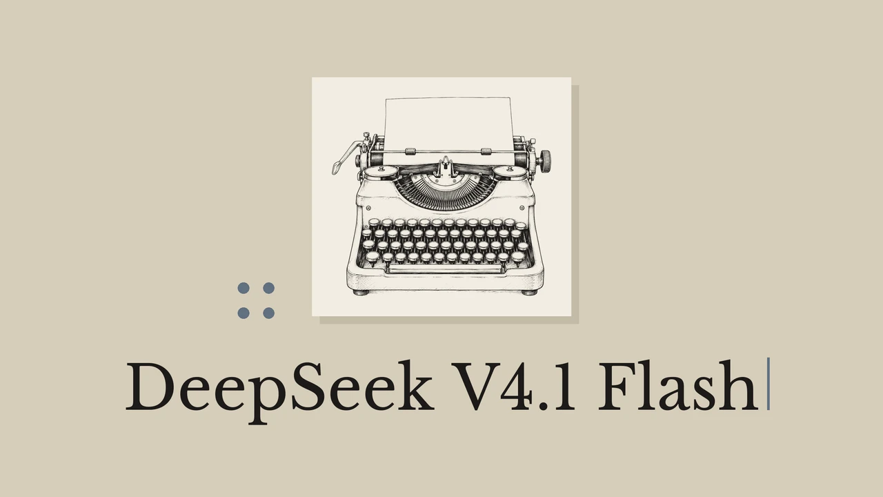 A typewriter drawn in black ink on pale card, a muted background and the title DeepSeek V4.1 Flash.
