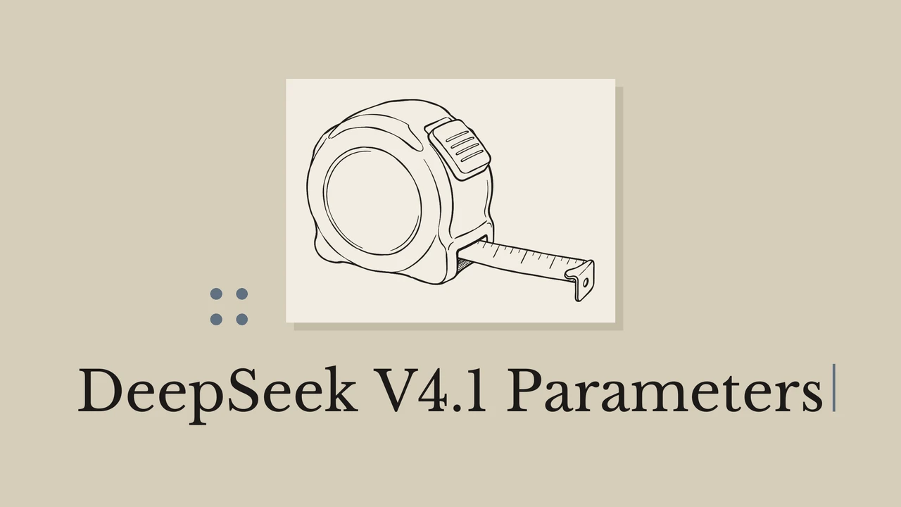サンドカラーの背景に明るい紙を配置し、巻き尺の線画、幾何学模様、英語タイトル「DeepSeek V4.1 Parameters」を添えた表紙。