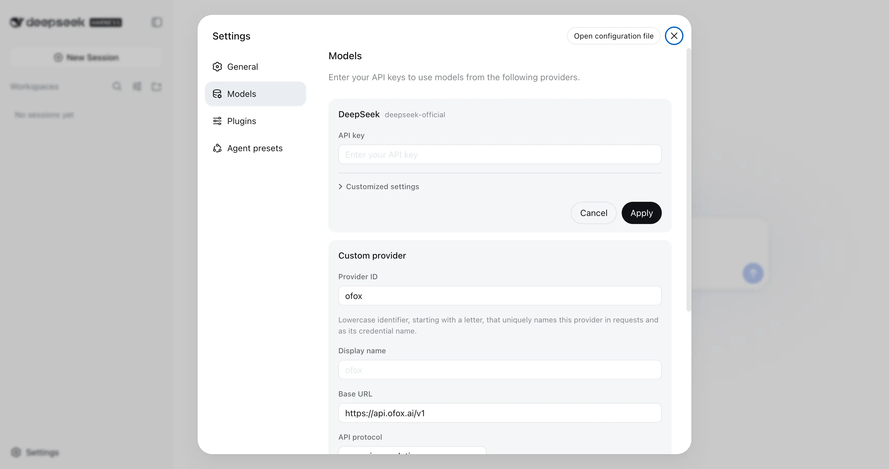 The DeepSeek Harness Settings Models page, showing the built-in DeepSeek card labelled deepseek-official above a Custom provider form with Provider ID set to ofox and Base URL set to the ofox API endpoint