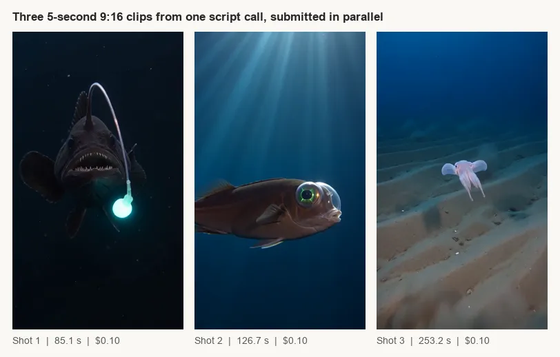 Three vertical frames, one from each generated clip: a bioluminescent anglerfish, a large-eyed fish in blue water, and a small pale octopus above a rippled seabed, captioned with 85.1, 126.7 and 253.2 seconds at ten cents each