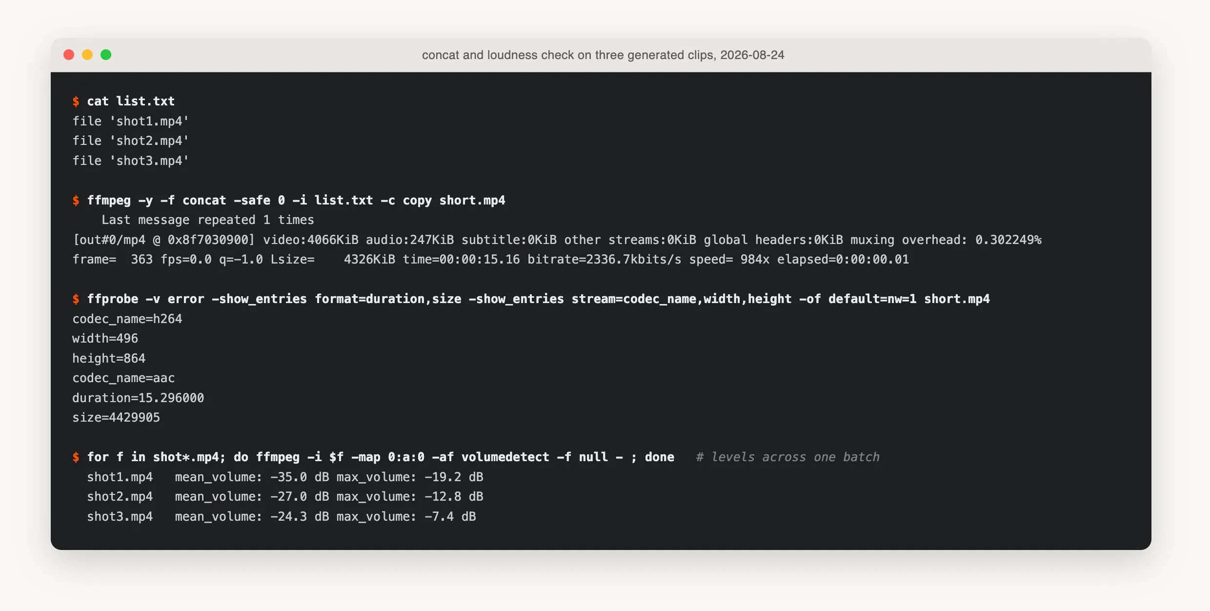 Terminal session showing the concat list file, an ffmpeg concat run finishing in hundredths of a second, ffprobe reporting a 15.296 second 496x864 h264 file, and volumedetect reporting mean volumes of -35.0, -27.0 and -24.3 dBFS for the three source clips
