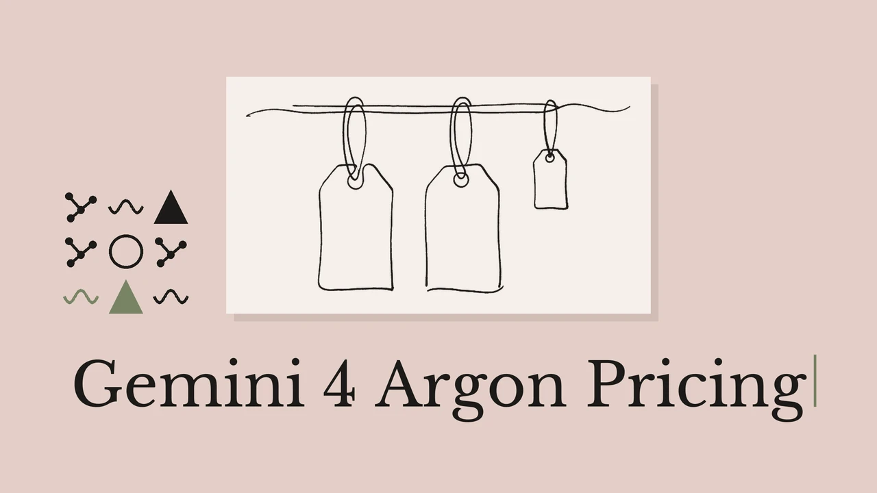 Hanging price tags on pale card, pink-gray background, geometric accents and Gemini 4 Argon Pricing title.