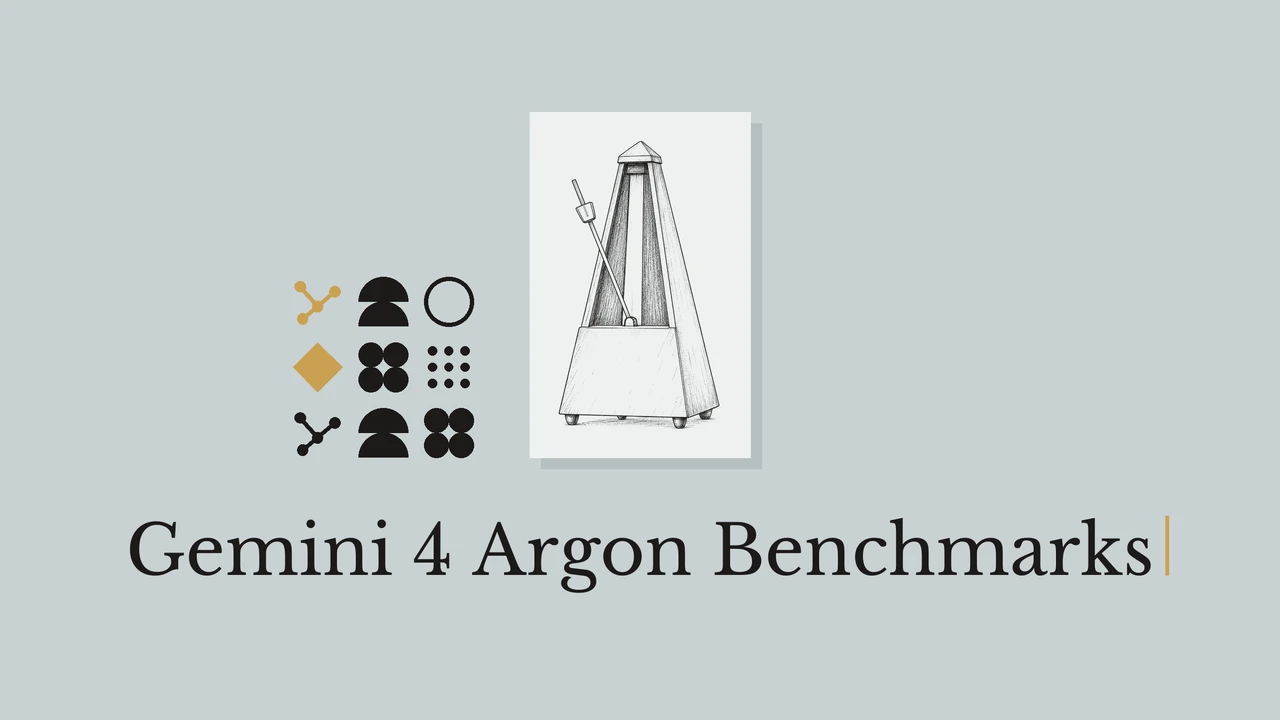Metronome drawing on pale card, blue-gray background, geometric accents and Gemini 4 Argon Benchmarks title.