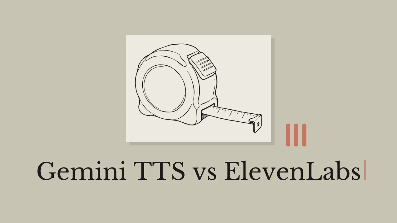 Measuring tape drawn in black ink on a pale card, olive-gray background, coral bars and the title Gemini TTS vs ElevenLabs.