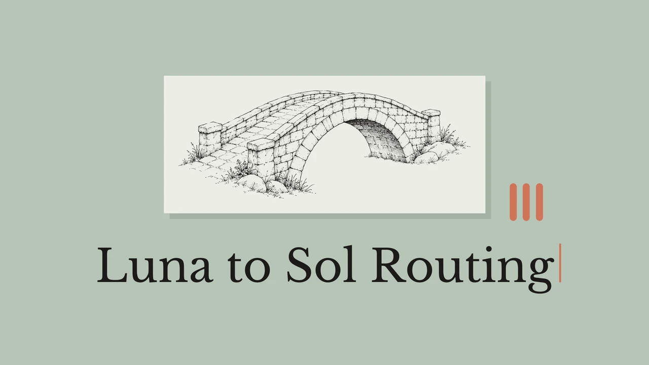 A black bridge line drawing on a pale card with geometric accents and the title Luna to Sol Routing.