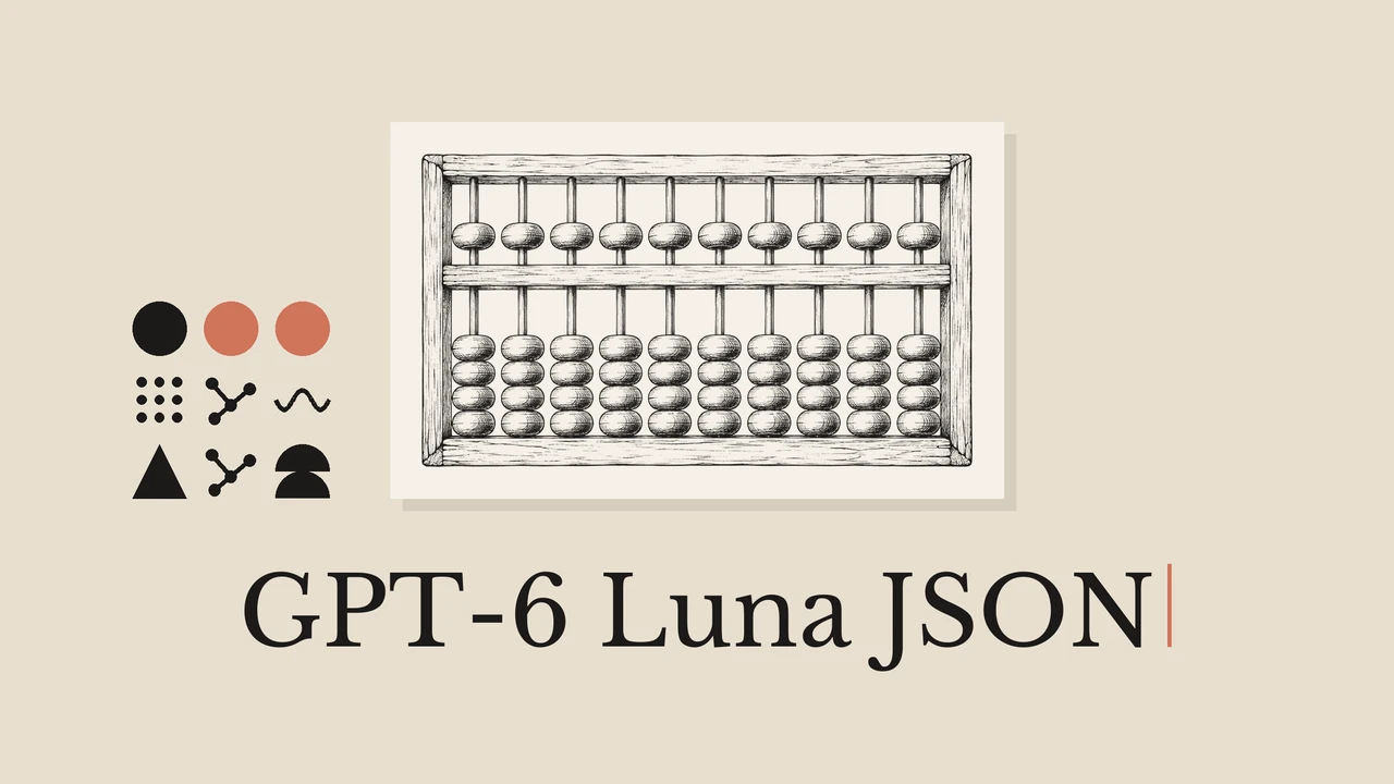 暖米色背景，浅色卡纸上的算盘黑色线稿，配几何图案和 GPT-6 Luna JSON 英文标题。