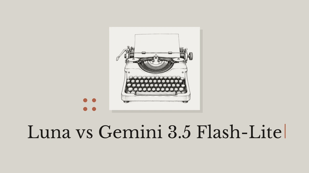 暖かみのある灰色の背景に、淡い紙と黒いタイプライターの線画、丸い点を配し、Luna vs Gemini 3.5 Flash-Liteと記した表紙。