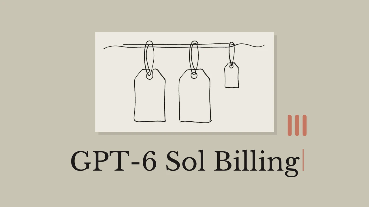 くすんだオリーブ色の背景に淡い紙と黒い値札の線画、縦棒を配し、GPT-6 Sol Billingと記した表紙。