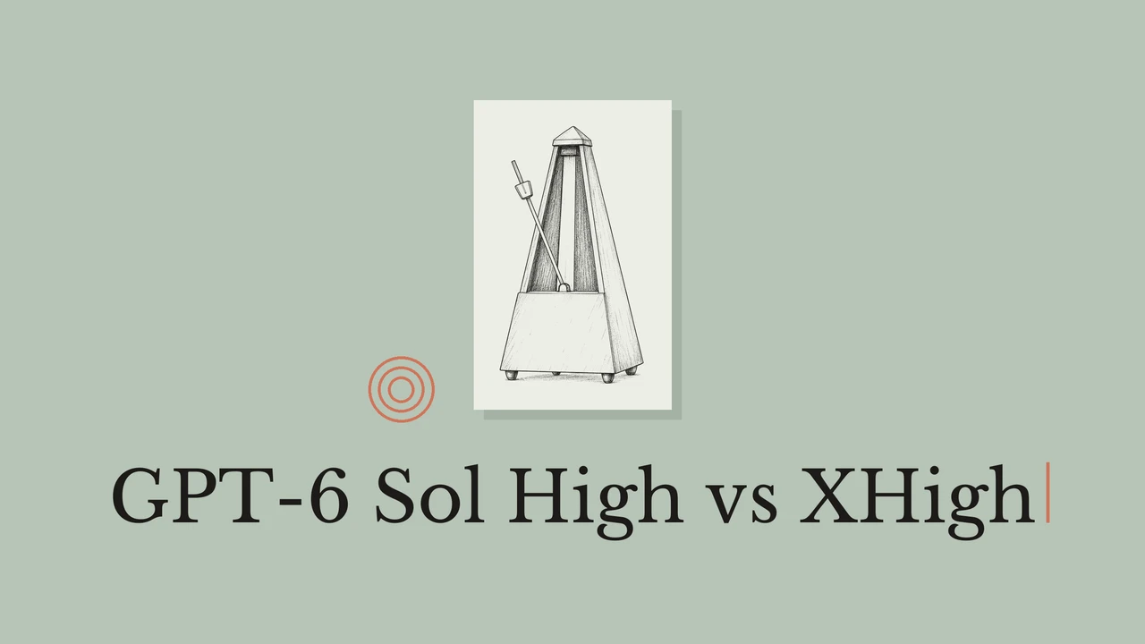 차분한 녹색 배경의 밝은 종이 위에 검은 메트로놈 선화와 동심원을 배치하고 GPT-6 Sol High vs XHigh라고 쓴 표지.