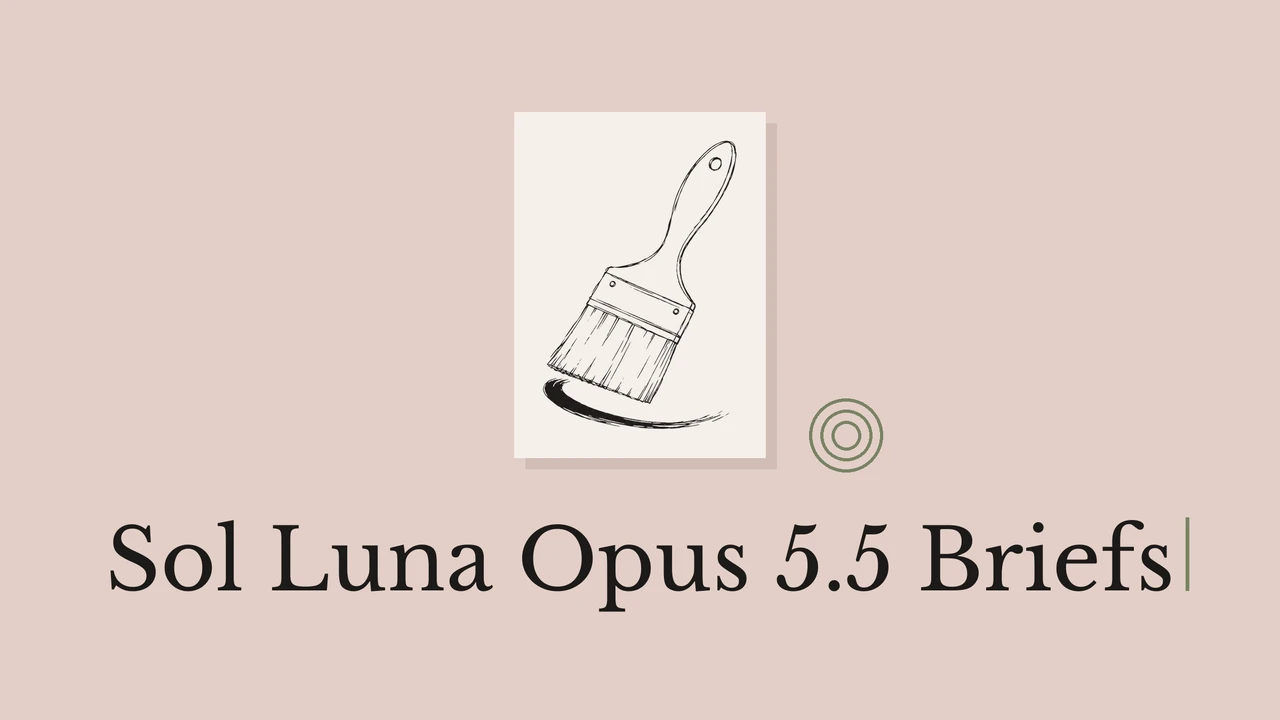 灰みのあるピンクの背景に、カード上の刷毛の黒い線画、同心円、Sol Luna Opus 5.5 Briefsの英字。