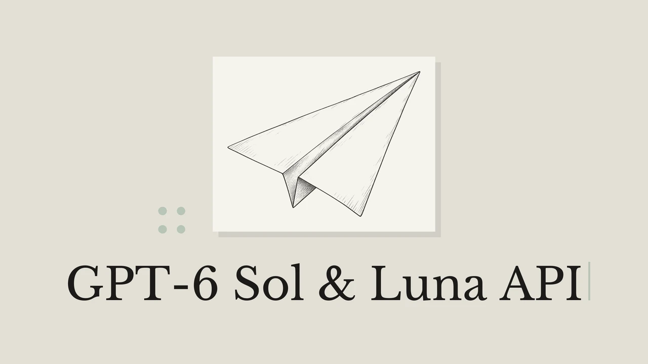 Black line drawing of a paper airplane on pale card, muted background, geometric accents and the title GPT-6 Sol & Luna API.