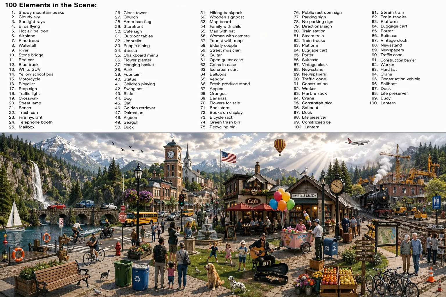 GPT-Image-2 output showing a scene with 100 distinct objects plus a labeled list of all 100 items
