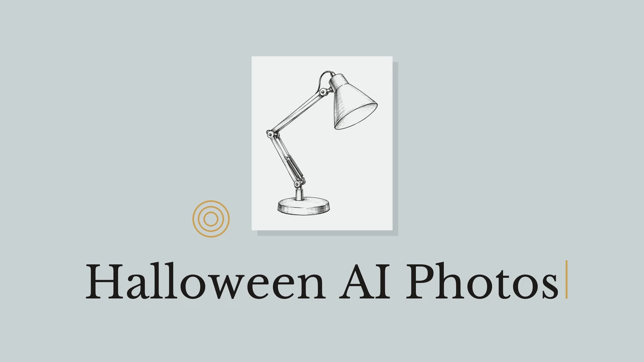Desk lamp line drawing on pale paper over a blue-gray background, with rings and the title Halloween AI Photos.