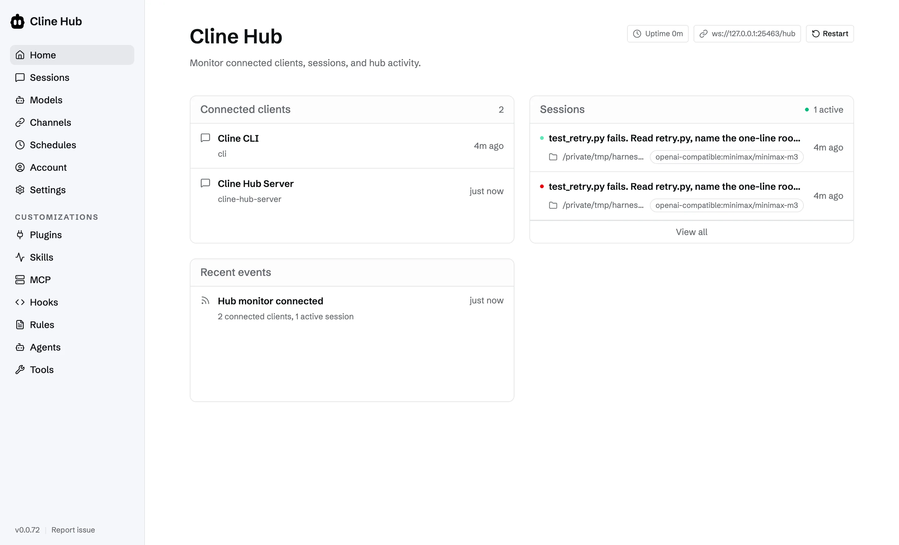 Панель Cline Hub в браузере: два подключённых клиента, одна активная сессия с моделью deepseek-v4-flash по openai-compatible на локальном рабочем каталоге и лента последних событий