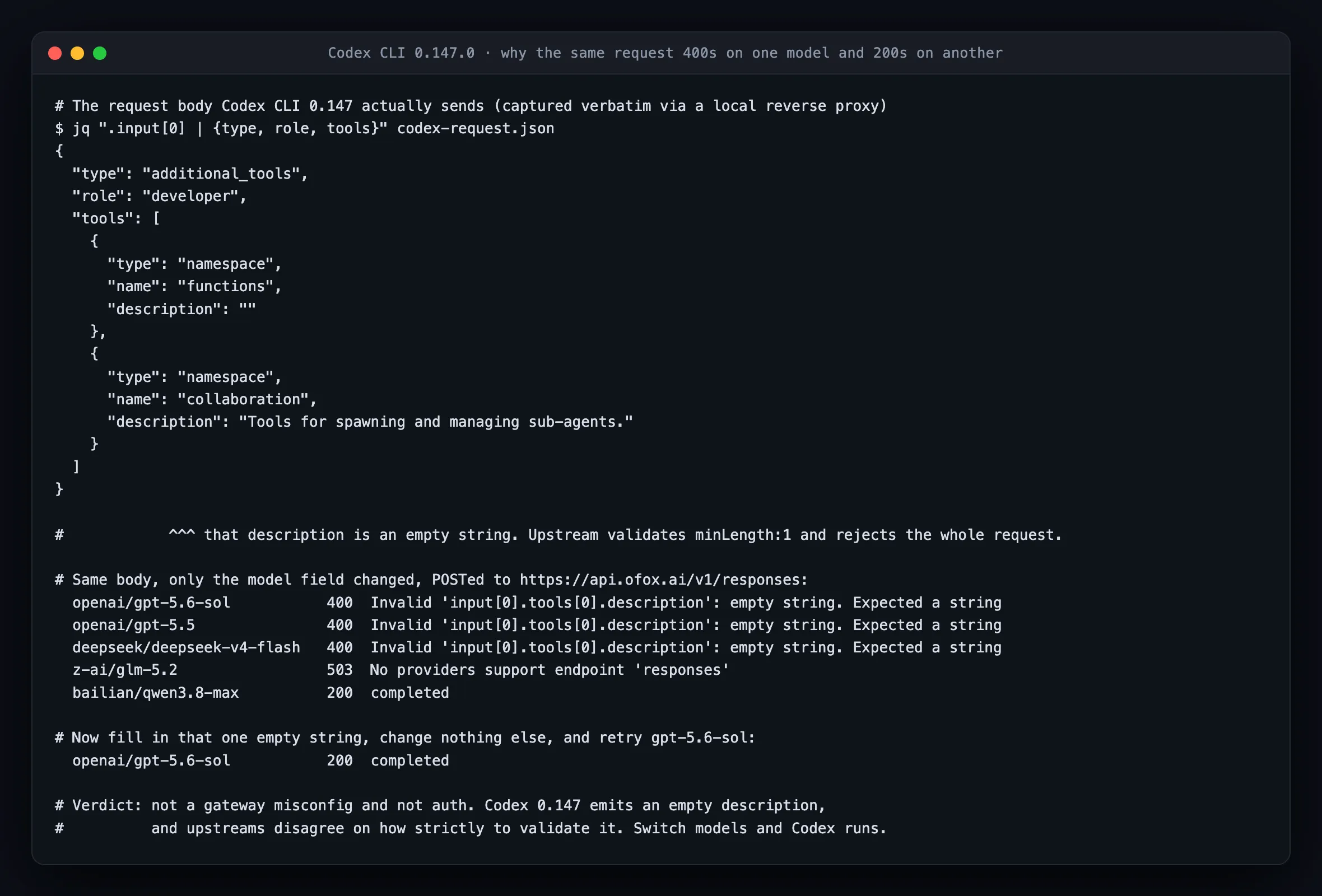 Терминал показывает тело запроса, которое реально отправляет Codex CLI 0.147: пространство имён functions несёт пустую строку description. Ниже — матрица повторов того же тела на пяти моделях: gpt-5.6-sol, gpt-5.5 и deepseek-v4-flash возвращают 400, glm-5.2 отдаёт 503 без провайдера Responses, qwen3.8-max возвращает 200, а после заполнения пустого description gpt-5.6-sol тоже даёт 200