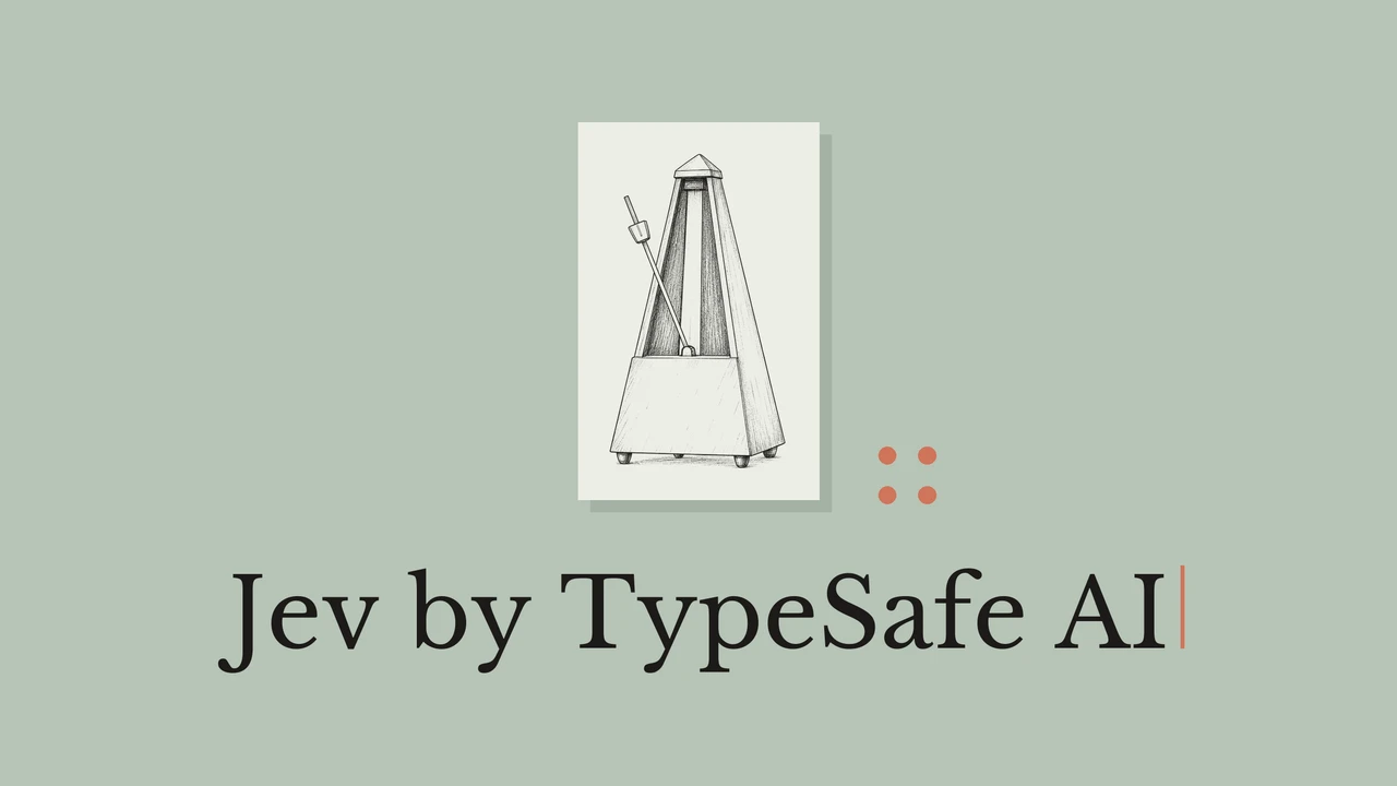 세이지색 배경의 밝은 카드 위에 그린 기계식 메트로놈과 Jev by TypeSafe AI라는 제목.