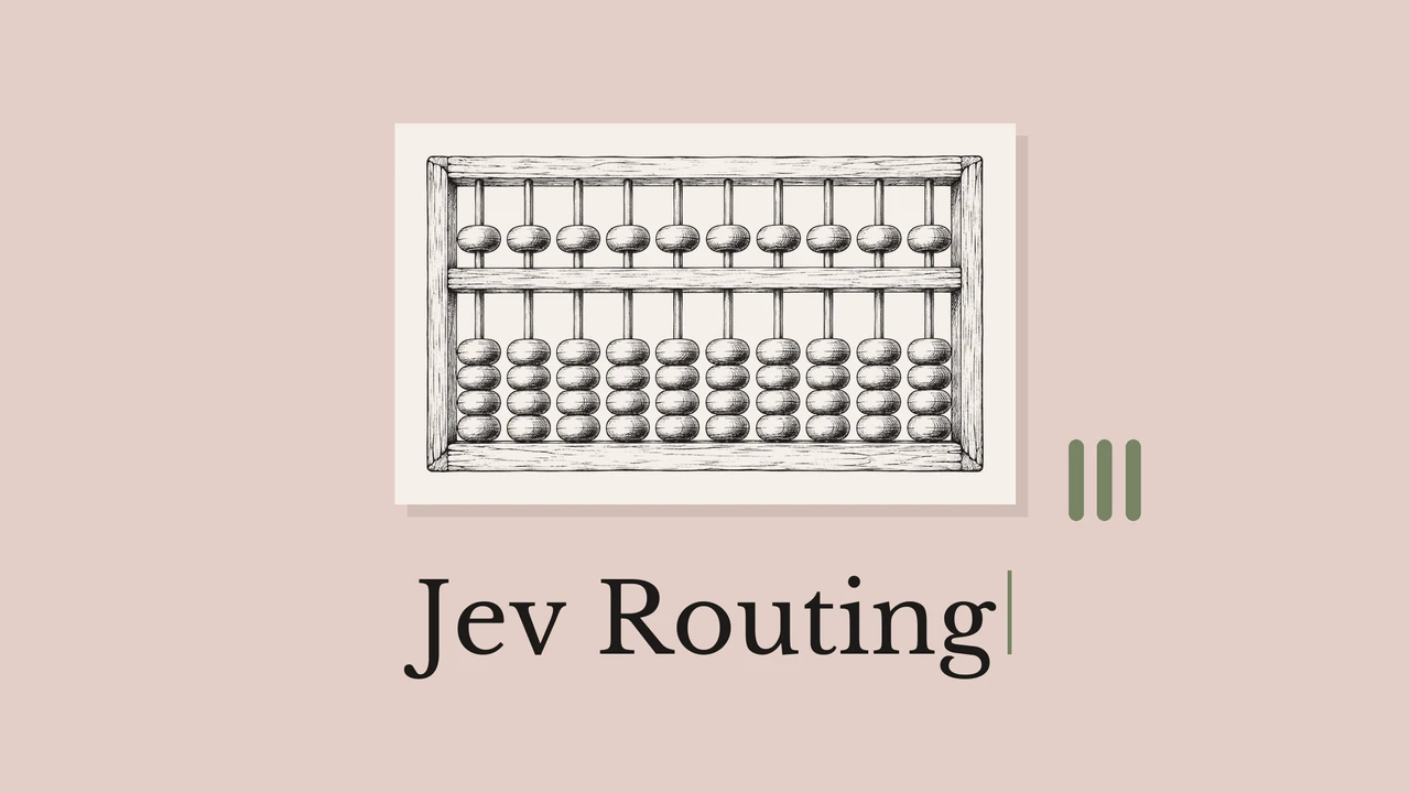 Abacus line drawing on pale paper over dusty pink, titled Jev Routing.