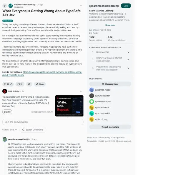 Jev를 기존 분류기와 비교하며 공급업체 벤치마크 의존도를 지적하는 Reddit 영어 원본 게시물.